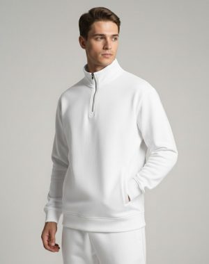 Model wearing a white Frontier Falcon quarter-zip sweatshirt with a clean, minimalist design.