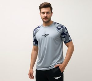 unnamed (12) Model wearing Falcon’s Performance Tee in camouflage grey. Lightweight, breathable half-sleeve fit suitable for training, running, and athletic activities