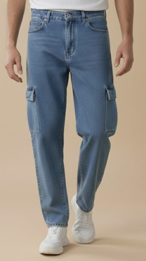 Cropped view of Sky blue baggy jeans worn by a model, showing relaxed fit from waist to feet, paired with sneakers.