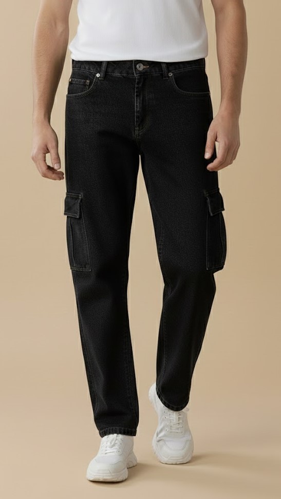 Cropped view of Midnight Blue baggy jeans worn by a model, showing relaxed fit from waist to feet, paired with sneakers.