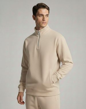 unnamed (4) Model wearing a Beige Frontier Falcon quarter-zip sweatshirt with a clean, minimalist design.