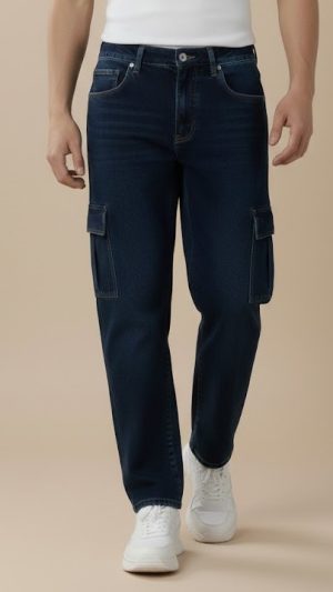 Cropped view of indigo blue baggy jeans worn by a model, showing relaxed fit from waist to feet, paired with sneakers.